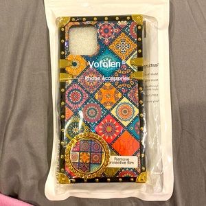 Phone Case for iPhone 12 Cute Square Cover with Ring Stand Retro Flower Pattern